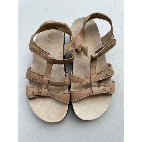 SAS Leather Sorrento Praline Adjustable Hook Loop T-Straps Suede Sandals 8 Wide - Picture 1 of 9